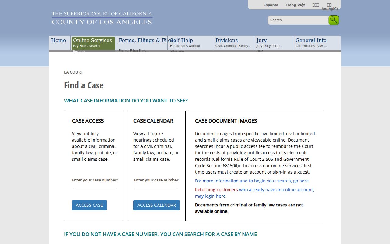 Norwalk residents directory view of Los Angeles Superior Court case finder