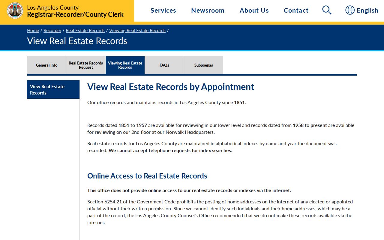 Norwalk residents directory view of the Los Angeles County recorder index access page